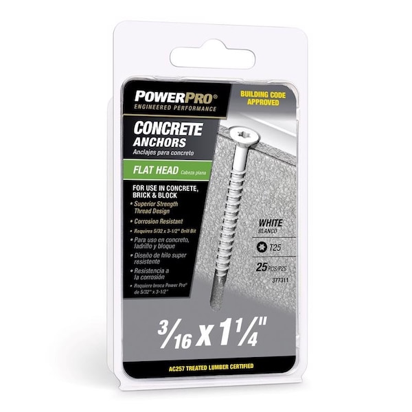 Concrete Screw Anchor, 1-1/4 in L, Carbon Steel White Epoxy Coated, 25 PK